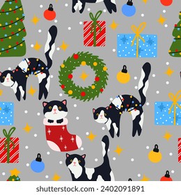 Funny Christmas cat. Seamless pattern of cute cats with garland, Christmas tree, gift box. Design suitable for banner, invitation, card, greeting, banner, cover