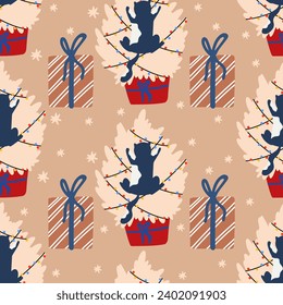 Funny Christmas cat. Seamless pattern of cute cats with garland, Christmas tree, gift box. Design suitable for banner, invitation, card, greeting, banner, cover