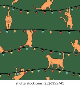 Funny Christmas cat. Seamless pattern of cute cats with garland, Christmas tree, gift box.