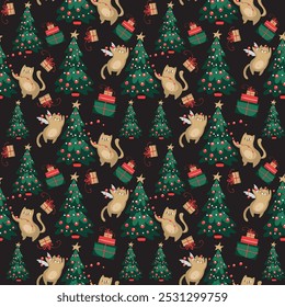 Funny Christmas cat seamless pattern. Cute cats with garland, Christmas tree, gift box. Design suitable for banner, invitation, card, greeting, banner, cover, fabric, wrapping paper, wallpaper