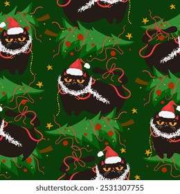 Funny Christmas cat seamless pattern. Grumpy black cat knocked over a Christmas tree with garland, gift box. Design suitable for banner, invitation, card, greeting, banner, cover, fabric, wrapping