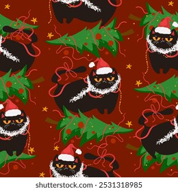 Funny Christmas cat seamless pattern. Grumpy black cat knocked over a Christmas tree with garland, gift box. Design suitable for banner, invitation, card, greeting, banner, cover, fabric, wrapping