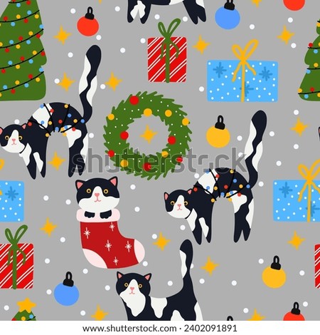 Funny Christmas cat. Seamless pattern of cute cats with garland, Christmas tree, gift box. Design suitable for banner, invitation, card, greeting, banner, cover