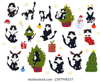 Funny Christmas cat set. Collection drawing of cute cats with garland, Christmas tree, gift box. Design suitable for banner, invitation, card, greeting, banner, cover