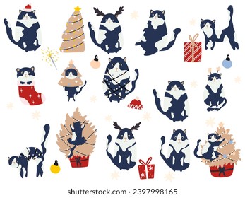 Divertido gato de Navidad. Recogida de gatos lindos con guirnaldas, árbol de Navidad, caja de regalo. Diseño adecuado para banner, invitación, tarjeta, saludo, banner, portada