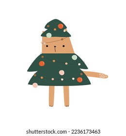 Funny Christmas cat tree. Holiday childish graphic. Vector hand drawn illustration.