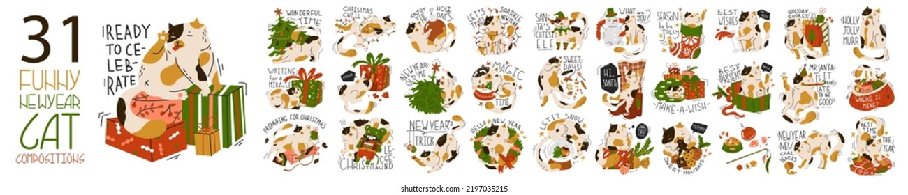 Funny Christmas cat. Winter activities and holiday concept illustrations. Collection 31 compositions with cat preparing to new year, relax, dreaming, play, congrats. Flat style in vector illustration.
