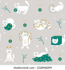 Funny Christmas cats hand drawn seamless pattern. Cats play with New Years attributes. Festive winter background pets. Print for textile, packaging, paper, wallpaper vector illustration