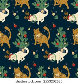 Funny Christmas cats seamless pattern with Christmas tree and ornaments. Flat design for wallpaper, textile or wrapping. Childish holiday illustration on dark background