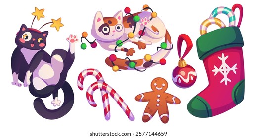 Funny Christmas cats set isolated on white. Vector cartoon illustration of cute pets playing with garland, candy cane, holiday gingerbread, Xmas tree toy and holiday sock, greeting card elements