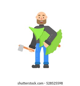 Funny christmas character with beard, cut down a Christmas tree in flat style. Vector christmas hipster man for web.