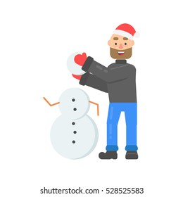 Funny christmas character with beard in santa hat making snowman in flat style. Vector christmas hipster man for web