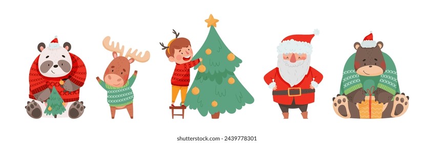 Funny Christmas Character with Boy, Panda, Elk, Santa and Bear Vector Set