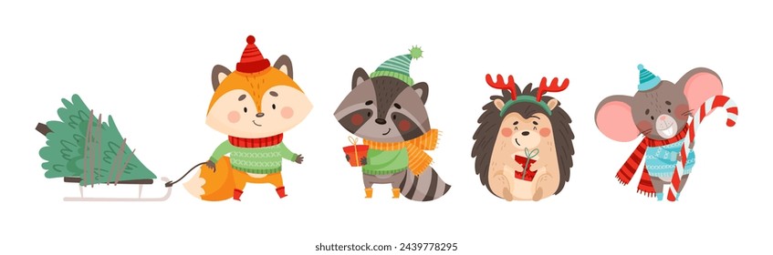 Lustige Weihnachts-Charakter mit Fuchs, Waschbär, Igel und Maus Vektor-Set