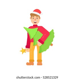 Funny christmas character in santa hat, bought a Christmas tree in flat style. Vector cheerful man for web.