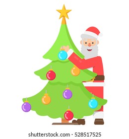 Funny christmas character santa , near Christmas tree hanging toys in flat style. Vector cheerful santa claus for web