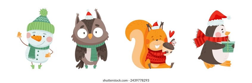 Funny Christmas Character with Snowman, Owl, Squirrel and Penguin Vector Set