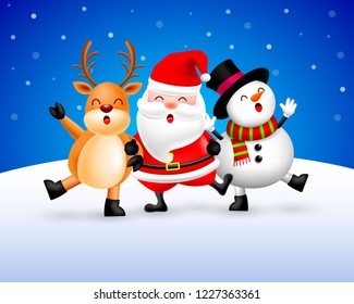 Funny Christmas Characters design on snow background, Santa Claus, Snowman and Reindeer. Merry Christmas and Happy new year concept. Illustration isolated on blue background.