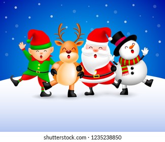 Funny Christmas Characters design on snow background, Santa Claus, Snowman, elf and Reindeer. Merry Christmas and Happy new year concept. Illustration isolated on blue background.