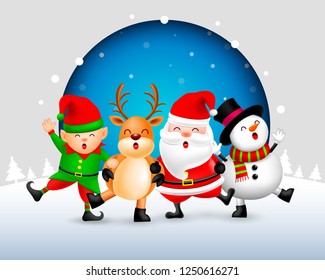 Funny Christmas Characters design on snow background, Santa Claus, Snowman, elf and Reindeer. Merry Christmas and Happy new year concept. Illustration isolated on blue background.