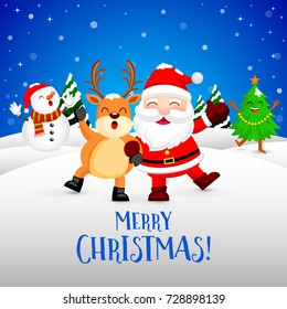 Funny Christmas Characters design on snow, Santa Claus, Snowman, Xmas tree and Reindeer. Merry Christmas and Happy new year concept. Illustration isolated on blue background.