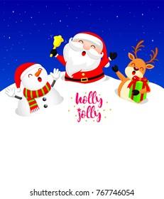 Funny Christmas Characters design on snow, Santa Claus, Snowman and Reindeer. Holly jolly, Merry Christmas and Happy new year concept, Illustration.