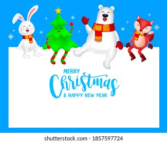 Funny Christmas Characters design, rabbit, Christmas tree, bear and fox. Merry Christmas and Happy new year concept. Illustration on blue background.