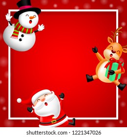 Funny Christmas Characters design, Santa Claus, Snowman and Reindeer on red background. Holly jolly, Merry Christmas and Happy new year concept, Illustration.