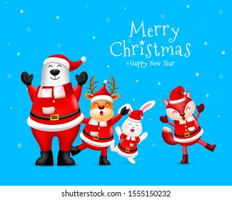 Funny Christmas Characters design in Santa Claus suit, Polar bear, Reindeer, Reindeer, rabbit and Fox. Merry Christmas and Happy new year concept. Vector illustration isolated on blue background.