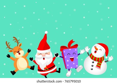 Funny Christmas Characters design with snow, Santa Claus, Snowman, gift box and Reindeer. Merry Christmas and Happy new year concept. Illustration isolated on green background.