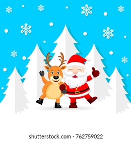 Funny Christmas Characters design with snowflake, Santa Claus and Reindeer. Merry Christmas and Happy new year concept. Illustration isolated on blue background.
