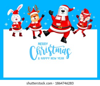 Funny Christmas Characters design wearing santa costume. rabbit, deer, bear and fox. Merry Christmas and Happy new year concept. Illustration on blue background.