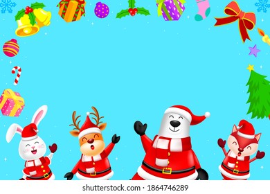 Funny Christmas Characters design wearing santa costume. rabbit, deer, bear and fox. Merry Christmas and Happy new year concept. Illustration on blue background.