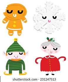 Funny Christmas Characters: Gingerbread Man, Snowflake, Elf, Mrs Santa