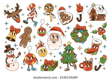 Funny Christmas characters or pop art icons for New Year holidays. Vector retro stickers, set. New year and Xmas comic personages. Smile face of Santa, dynamic fir tree and peaceful snowman.