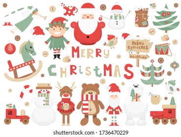 Juego de caracteres navideños divertidos. Papá Noel, Reno, Hombre De Nieve, Oso, Juguetes De Madera, Árboles De Navidad. Aislado en el fondo blanco. Ilustración vectorial.