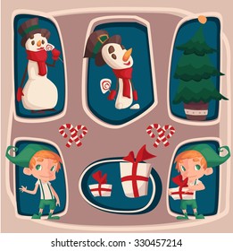 Funny Christmas Characters Set.  Elves and snowman vector Illustration. 