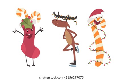 Funny Christmas characters set. Sock, candy cane and cute reindeer cartoon vector illustration