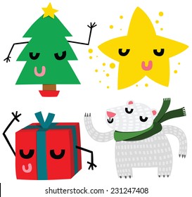 Funny Christmas Characters: Christmas Tree, Golden Star, Christmas Gift and Polar Bear