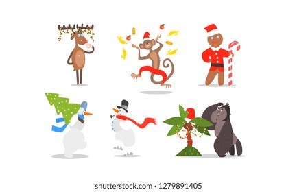Funny Christmas characters for winter Holidays design, reindeer, monkey, gingerbread, snowmen, gorilla and palm tree vector Illustration