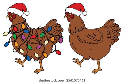 Funny Christmas Chickens with Santa Hats and Festive String Lights, Christmas Chickens Vector, Merry Chickmas, Set Vector.