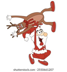 Funny Christmas clip art with santa claus and reindeer. Weird Trippy cartoonish Christmas characters isolated white background. Xmas character template design. Vector illustration. EPS 10