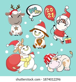 Funny christmas collection with cow in santa claus hats. Symbol of the year 2021. Chinese calendar