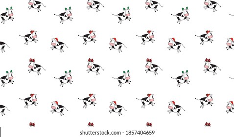 Gracioso patrón vectorial sin fisuras de vaca navideña. Feliz año nuevo