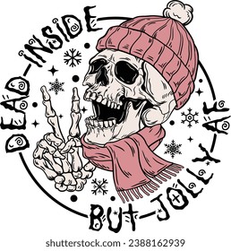 Funny Christmas, Dead Inside But Jolly AF, Peace Sign Skeleton, Funny Skeleton, Retro Christmas Skull Cricut Files