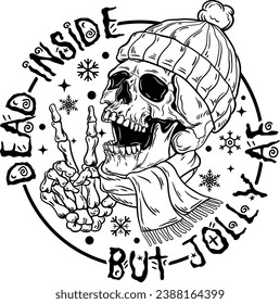 Funny Christmas, Dead Inside But Jolly AF, Peace Sign Skeleton, Funny Skeleton, Retro Christmas Skull Cricut Files