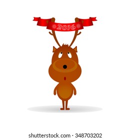 Funny Christmas deer with ribbon on the horns.