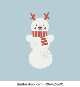 Funny Christmas deer snowman vector clipart. Snowy yeti fawn illustration for kids. Seasonal winter holidays childish print design 