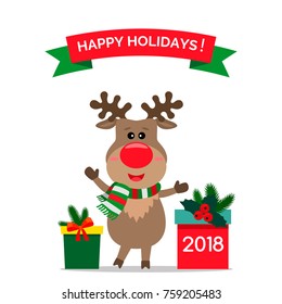 a funny Christmas deer with a surprise gift. vector illustration isolated on white background.