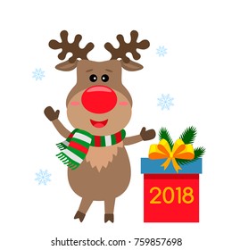 a funny Christmas deer with a surprise gift. vector illustration isolated on white background.